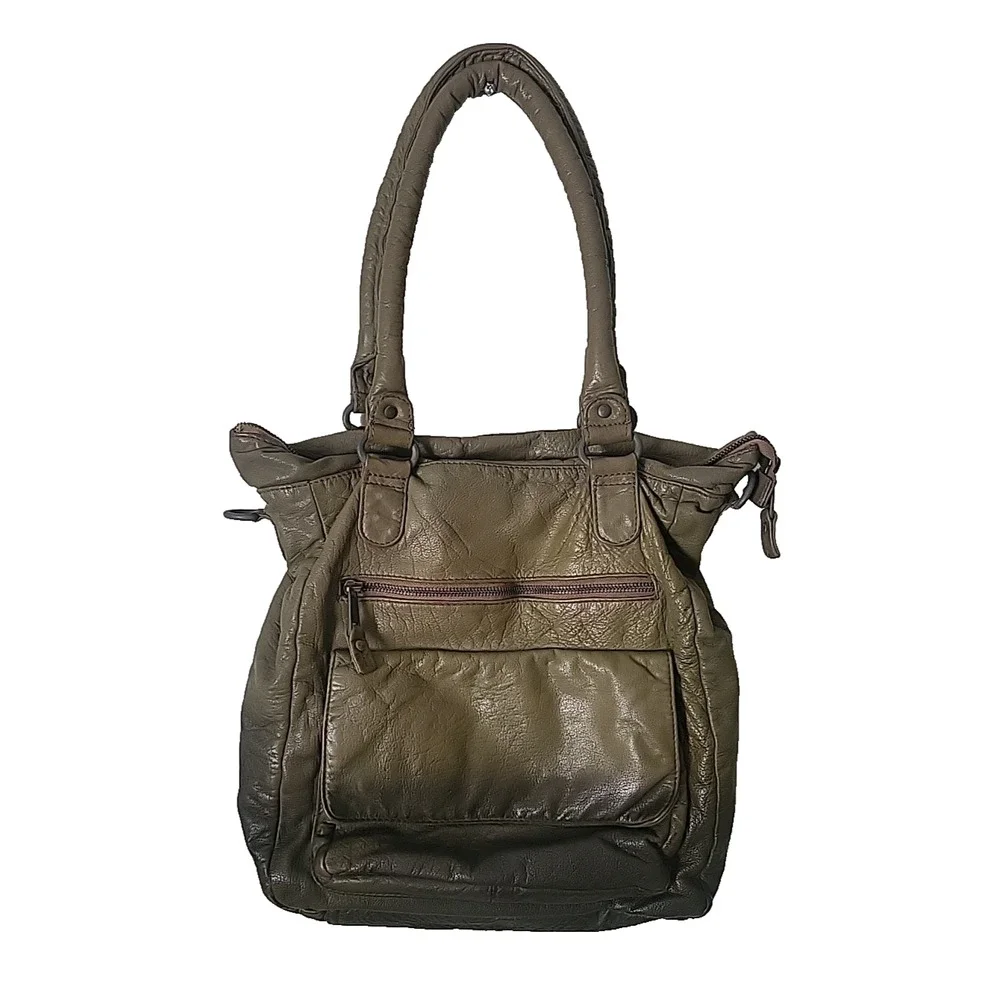 DENMARK DEPECHE ARMY GREEN DISTRESSED LEATHER LRG CROSSBODY SATCHEL SHOULDER BAG
